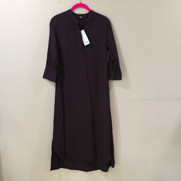 Uniqlo Shirt Dress Striped 3/4 Sleeve Women Size XS Rayon Midi Wine New - Picture 1 of 6